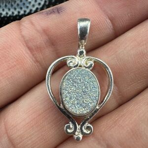 Vintage SAJEN 925 Sterling Silver Druzy Stone Heart Swirl Pendant
